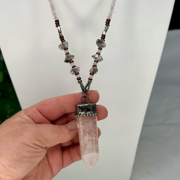 Herkimer Diamond & Rose Quartz Point Crystal Beaded Necklace - Picture 9 of 12